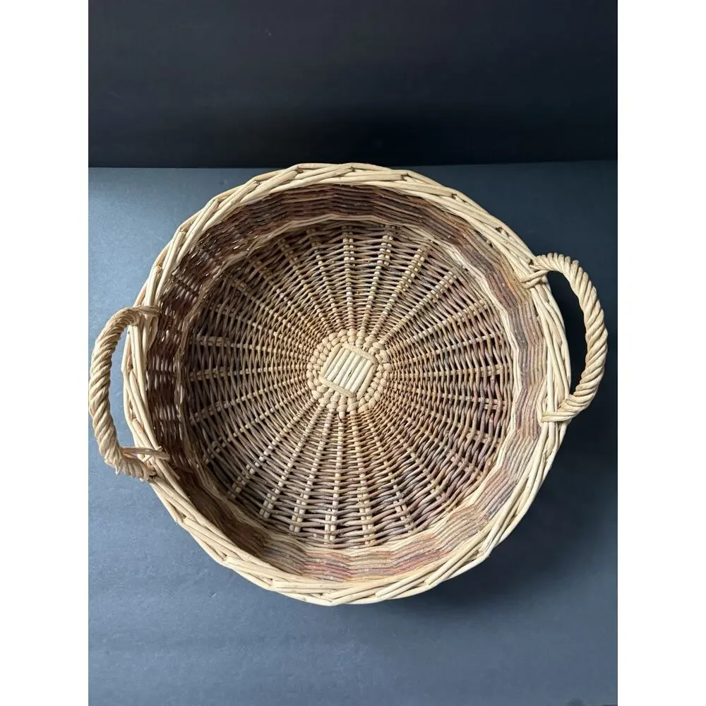 Vintage Handwoven Rattan Wicker Basket Round Handles Farmhouse Cottage Rustic